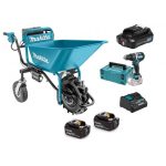 Carretilla Inalámbrica con Balde + 2 Baterías 18V + Batería 12V + Taladro Atornillador+MAKPAC Makita DCU180Z-4