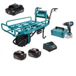 Carretilla Inalámbrica con Cesto + 2 Baterías 18V + Batería 12V + Taladro Atornillador+MAKPAC Makita DCU180Z-3