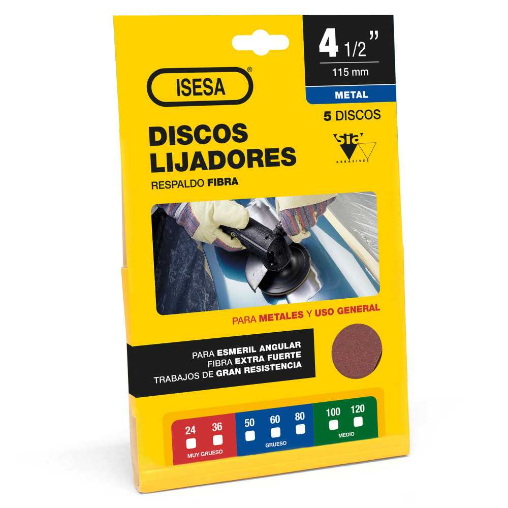 Display 5 Discos Lija Metal - Respaldo Fibra - 4 1/2" Grano 24 - Sialox - Imagen 1