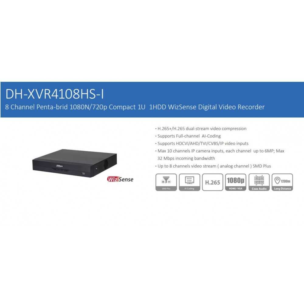XVR GRABADOR 8 CANALES Penta-brid 1080N/720p Compact 1U 1HDD WizSense Dahua DH-XVR4108HS-I - Imagen 3